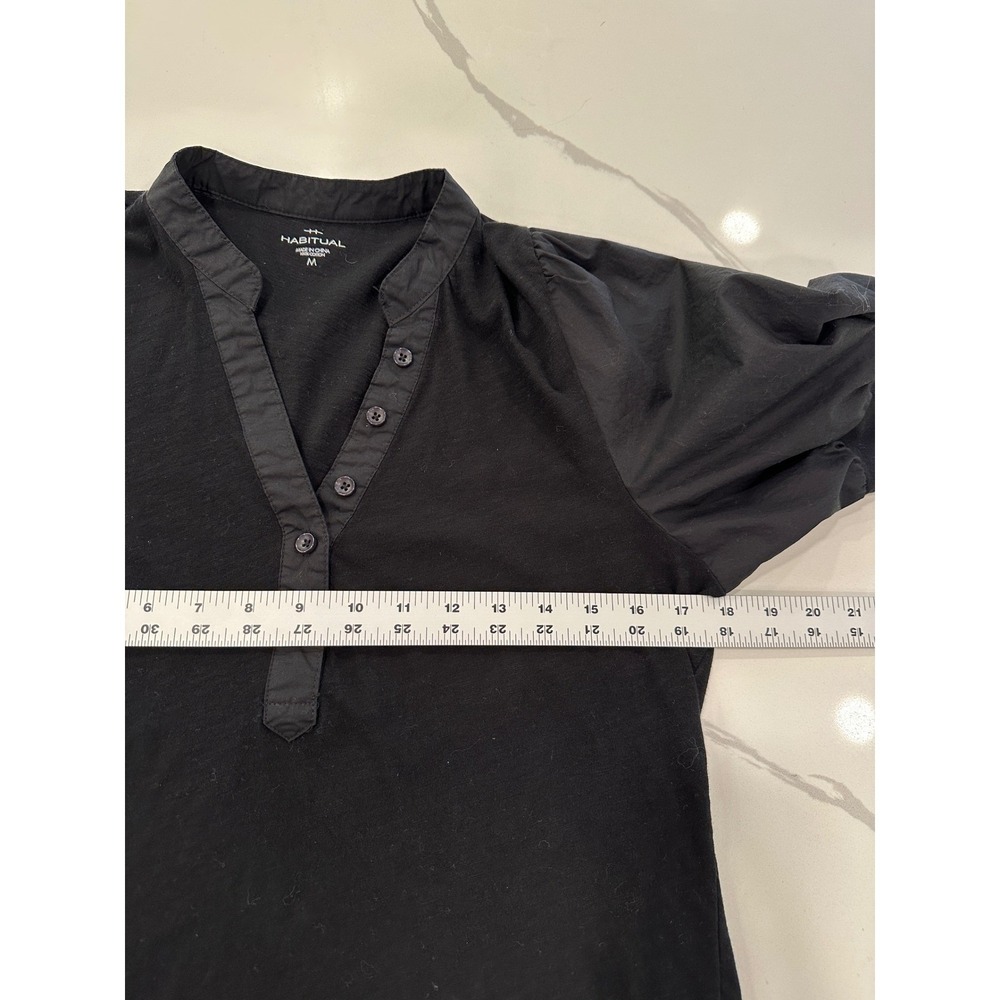 Habitual Puff Sleeve Henley Top in Black Size Medium Cotton Boho Chic NWOT - Picture 7 of 12